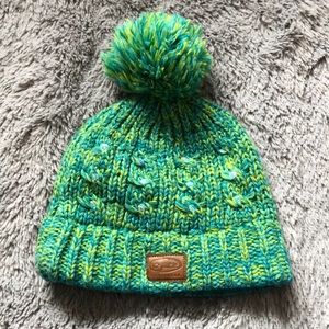 Blue and green kids hat with pompom